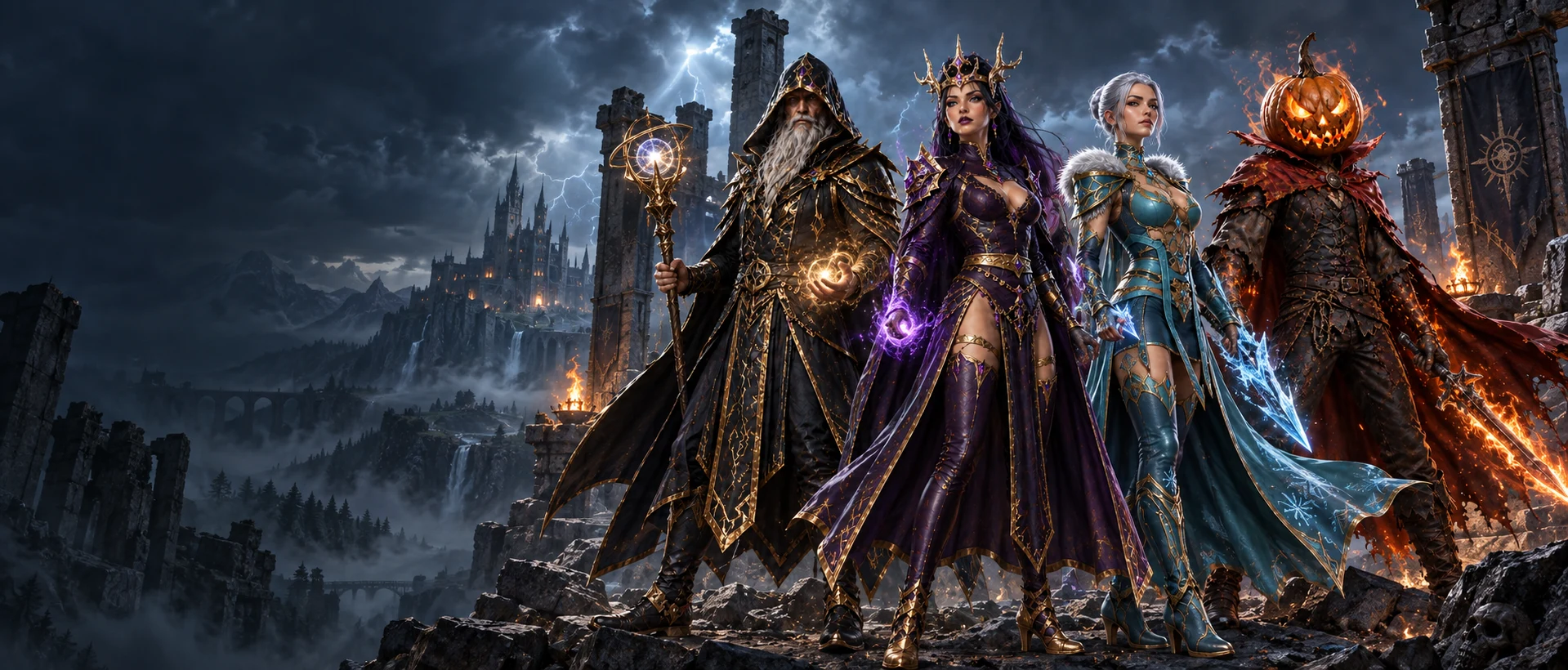 Aldric Stormwarden, Elara Stormrider, Evelyn the Enchanted and Flamin’ Jack stand ready for adventure among storm-lit ruins.