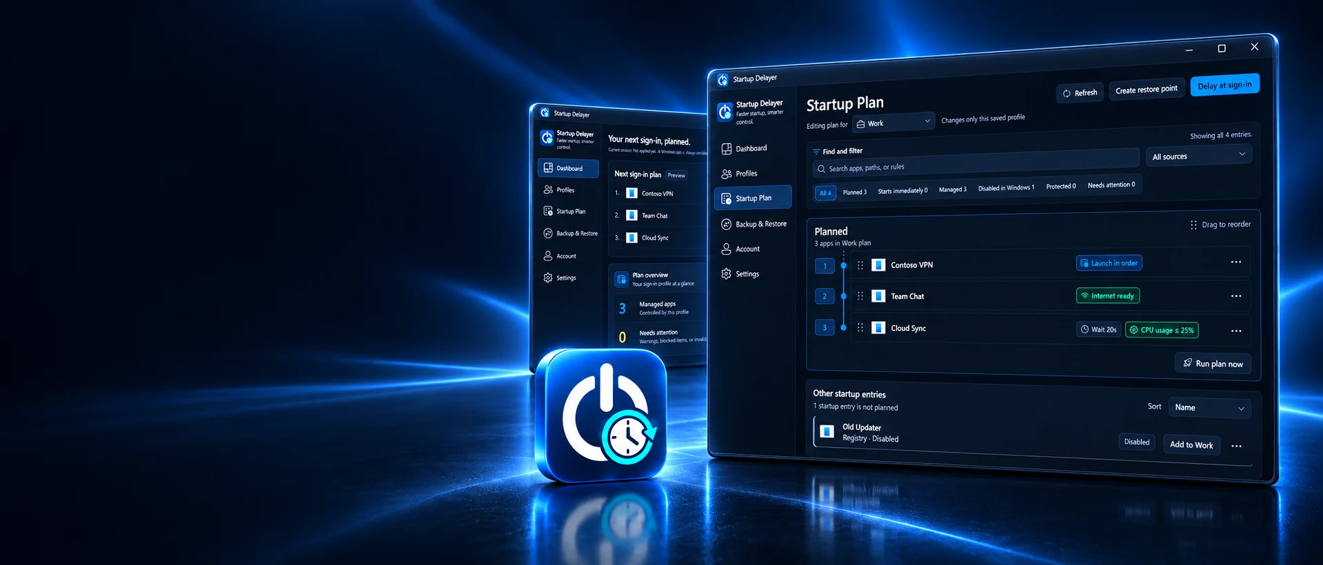 Startup Delayer’s dark app windows and blue power-and-clock icon, illuminated by electric-blue light.